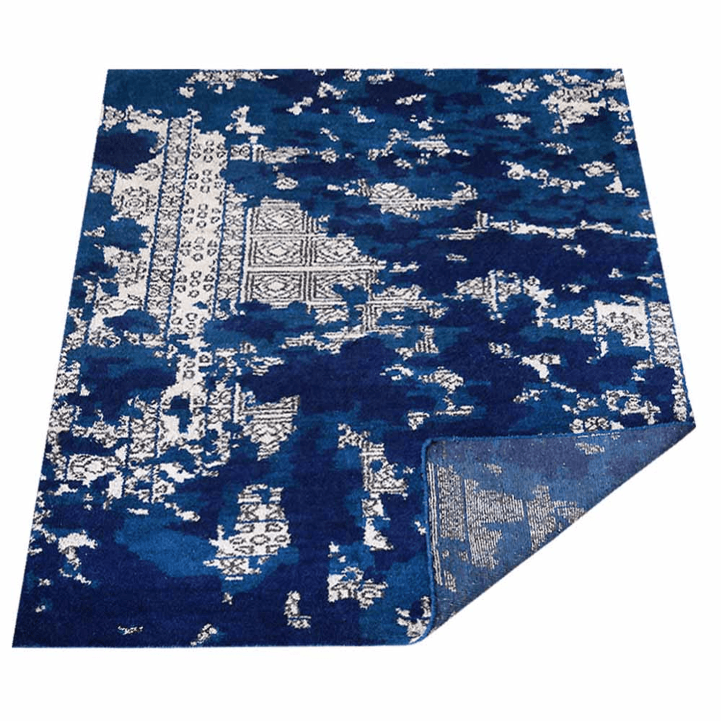 Rugsotic Hand Knotted Silk Area Rug In Blue And Beige - Abstract Design