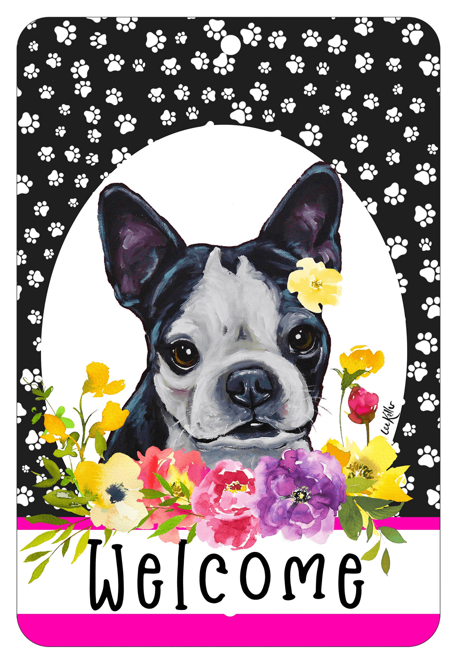 Boston Terrier Paw Prints Welcome Indoor/Outdoor Aluminum Sign