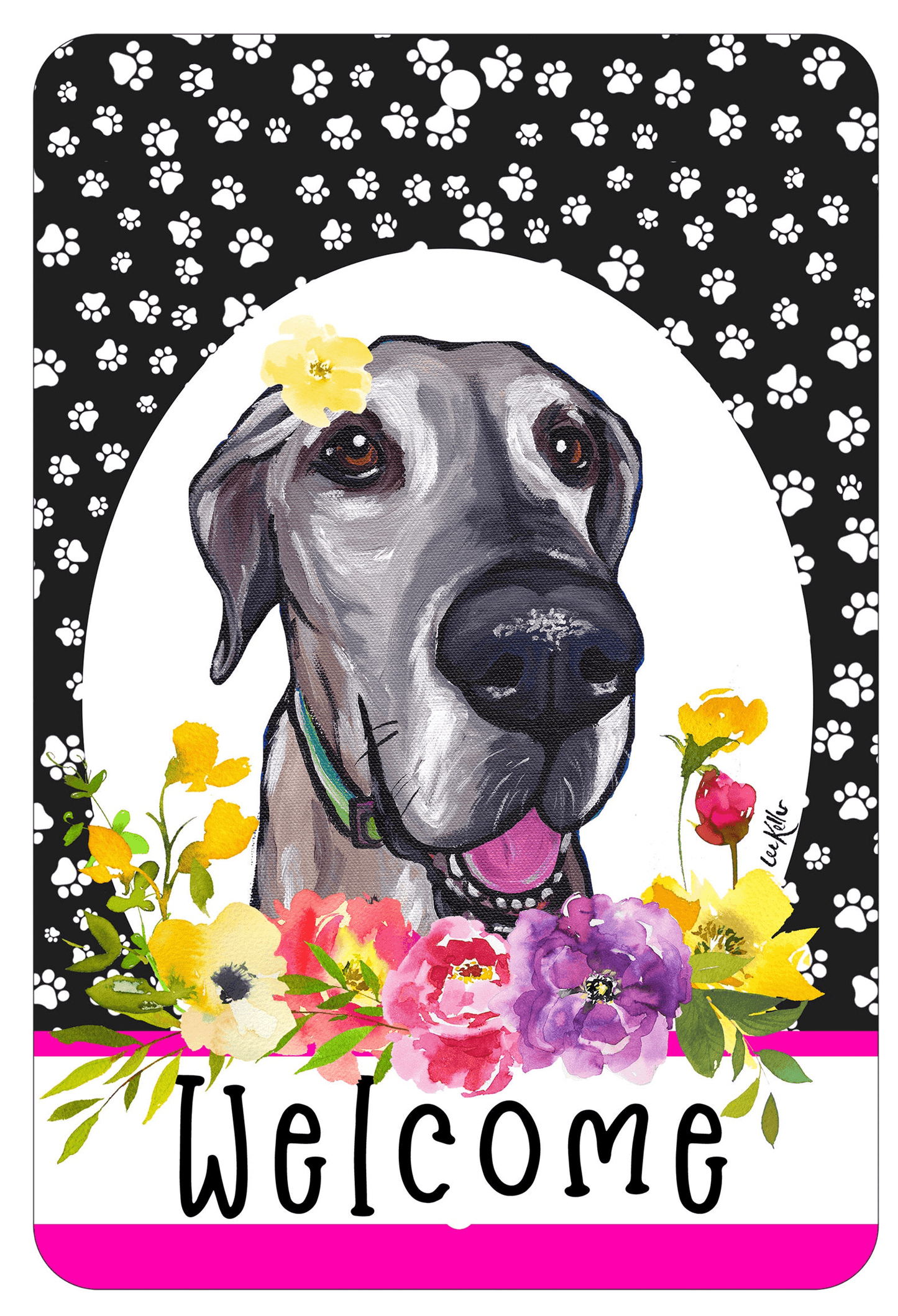 Great Dane Paw Prints Welcome Aluminium Sign - 8" X 12"
