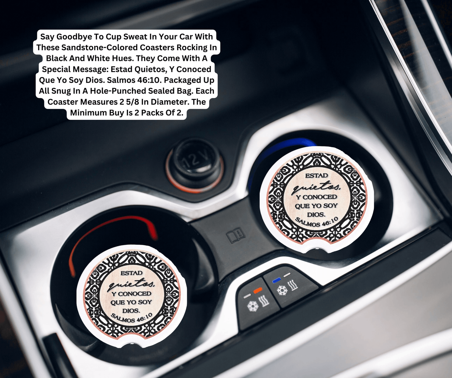 Elegant Car Coasters With Inspirational Message - Estad Quietos, Salmos 46:10