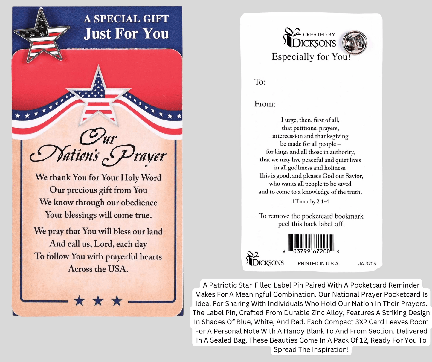 Patriotic Prayer Pocketcards With Zinc Alloy Star Pins - Pack Of 12