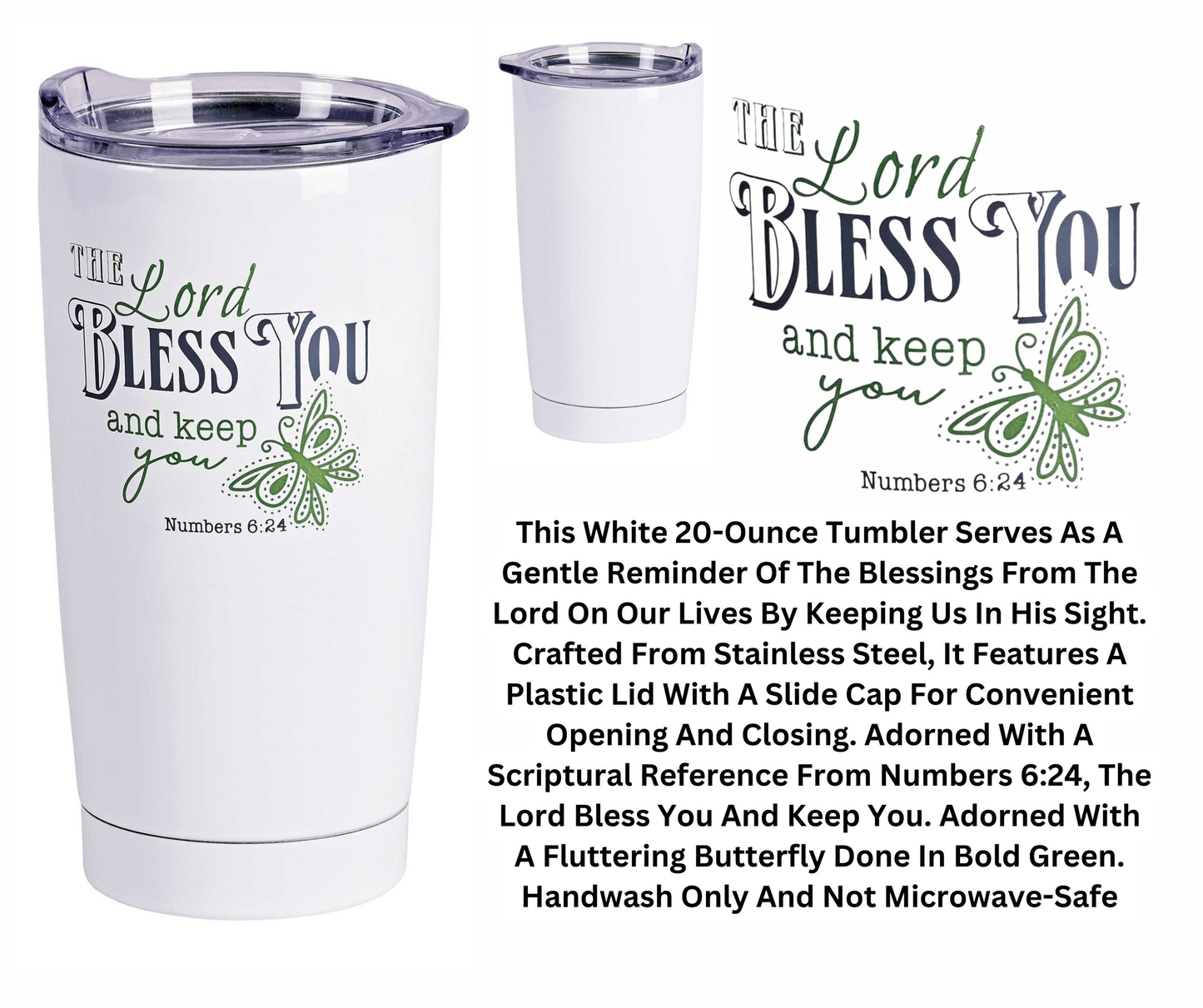 20 Oz Stainless Steel Tumbler - The Lord Bless You With Butterfly Design