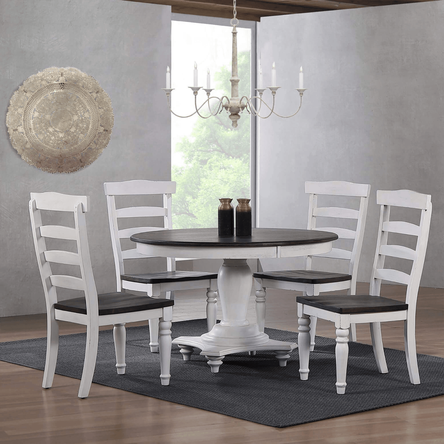 French Chic Ladder Back Chairs - Set Of 2 Highback, Two-Tone Antique White & Walnut Brown