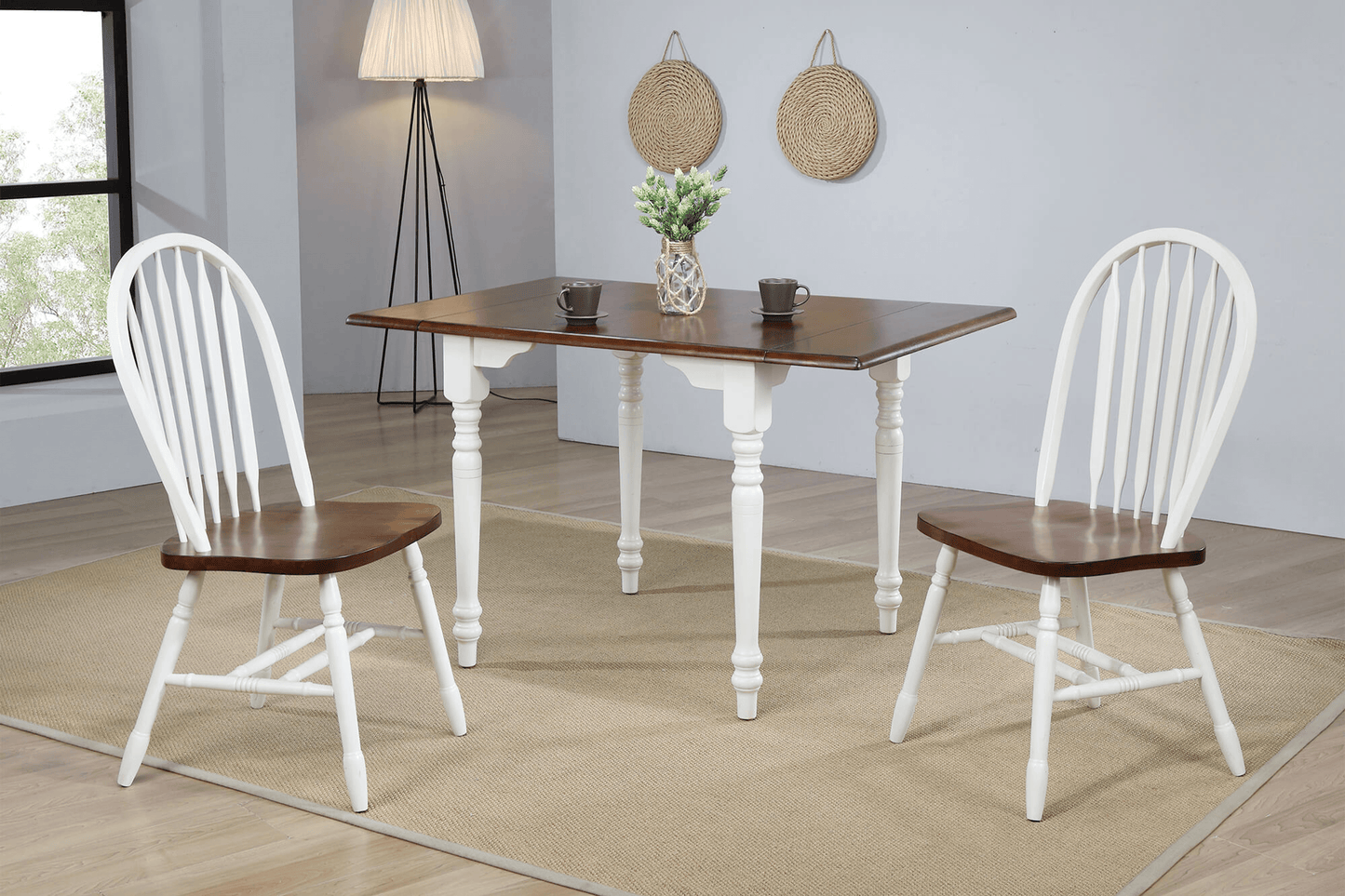 Andrews Rectangular Extendable Drop Leaf Dining Table In Antique White And Chestnut Brown