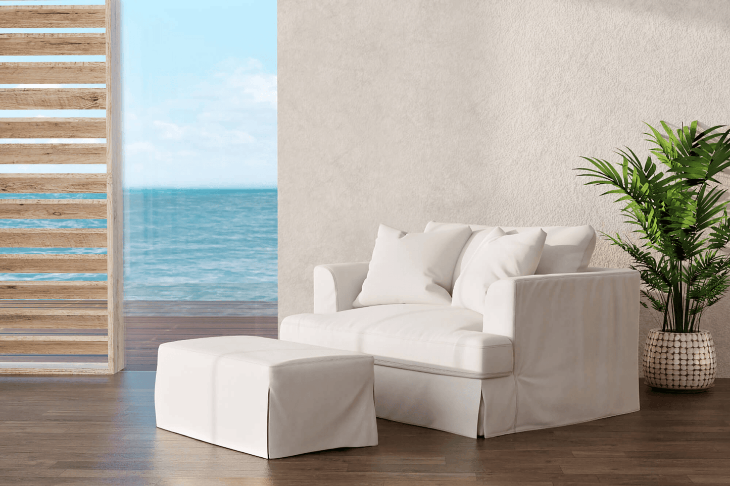 Sunset Trading Newport 44" Wide Slipcovered Ottoman In White – Water-Resistant & Stain-Proof