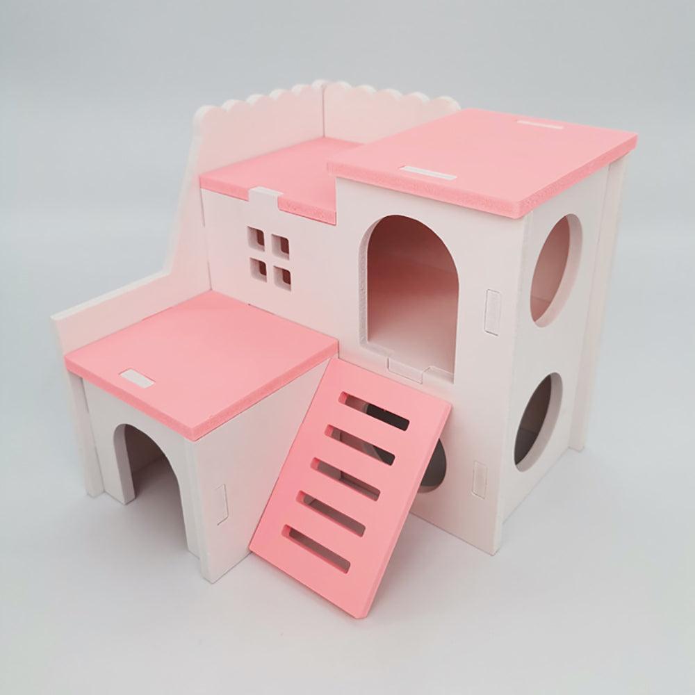 Colorful Double - Storey Hamster Sleeping Nest: A Stylish Wooden Villa Toy For Small Pets - Dog Hugs Cat