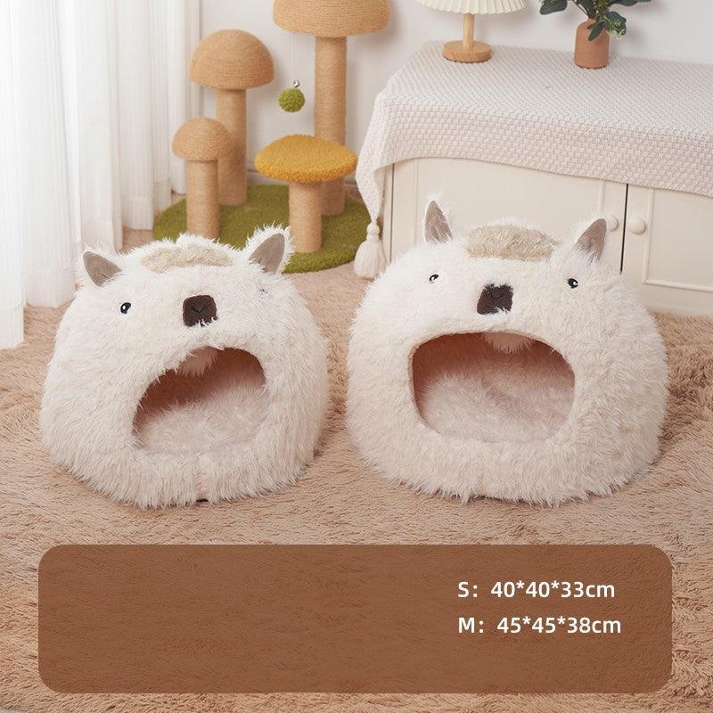 Cozy Alpaca Retreat: Cat And Dog Winter Bed With Cushion - Dog Hugs Cat