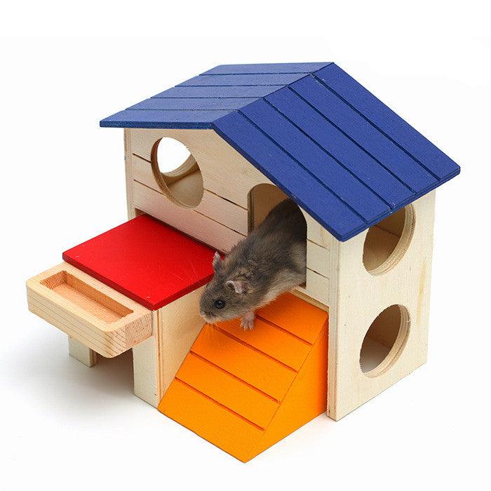 Wooden Hamster Toys Blue Top Villa Hamster Chalet Small Pet Toys Molar Decompression - Dog Hugs Cat