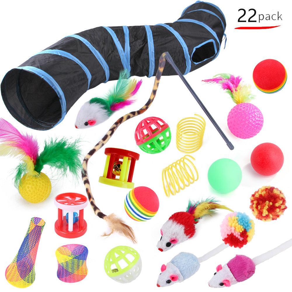 22-Piece Funny Cat Toy Set with Cat Tunnel - Interactive Pet Toys for Endless Fun - Dog Hugs Cat