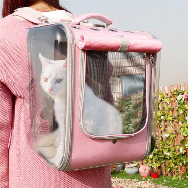 Breathable Bubble Cat Carrier Backpack - Portable Travel Outdoor Shoulder Bag for Small Dogs and Cats - Dog Hugs Cat