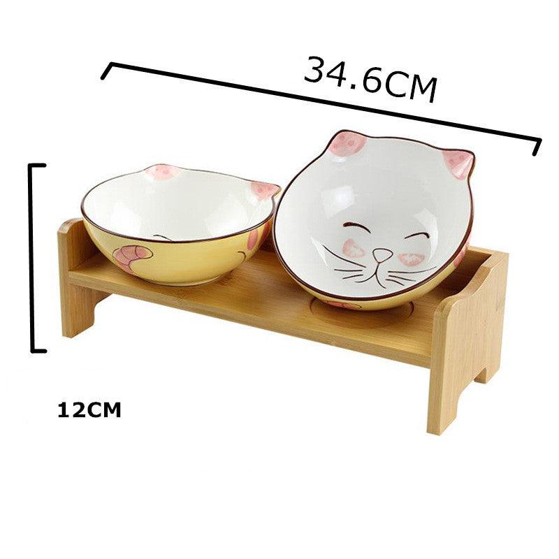 Ceramic Cat Bowl Shelf Protects The Cervical Spine, High Feet And Double Bowls - Dog Hugs Cat