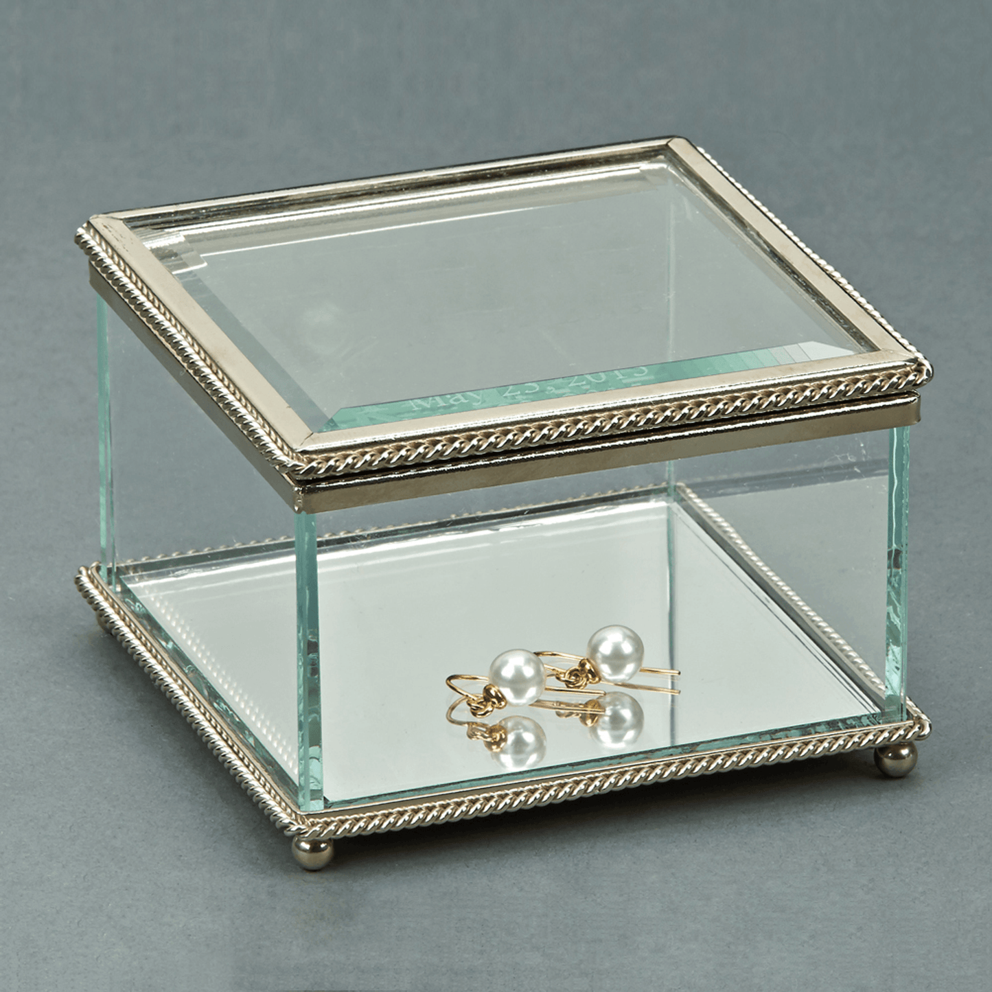 Elegant Glass Square Hinged Box With Mirror And Braided Border