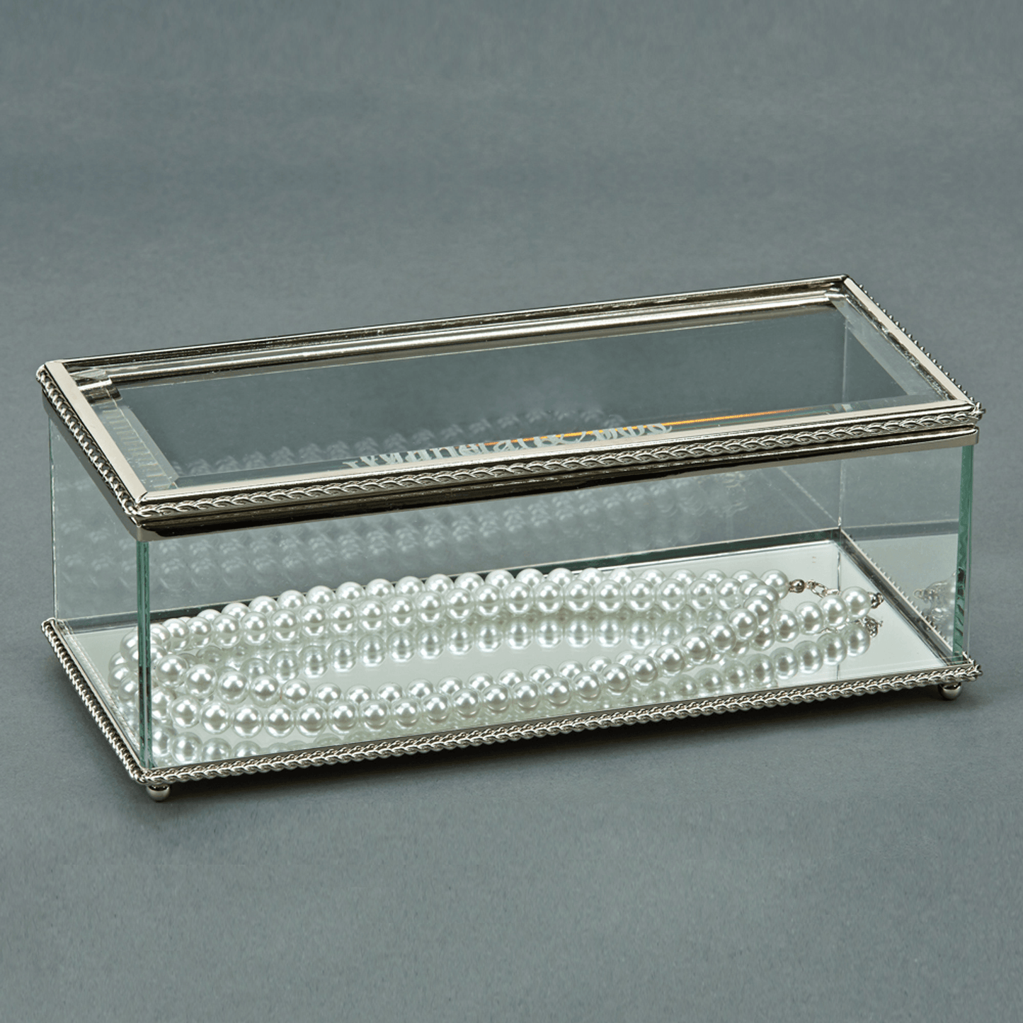 Elegant Glass Rectangular Hinged Box With Mirror Base