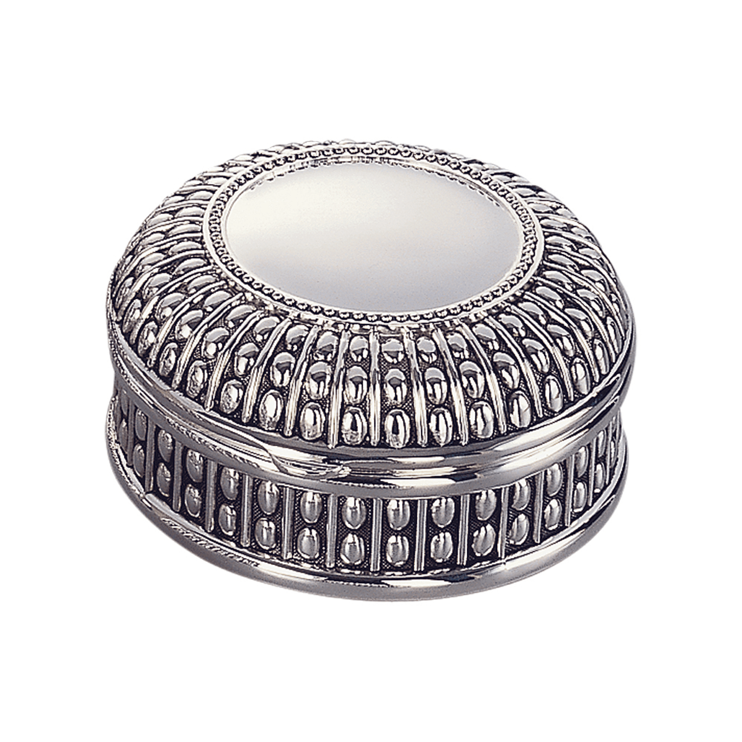 Elegant Silver-Plated Beaded Round Box – 3" Diameter