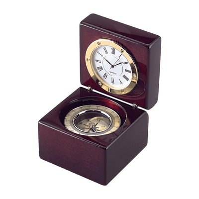 Rosewood Finish Clock & Compass Square Box, 2.75"