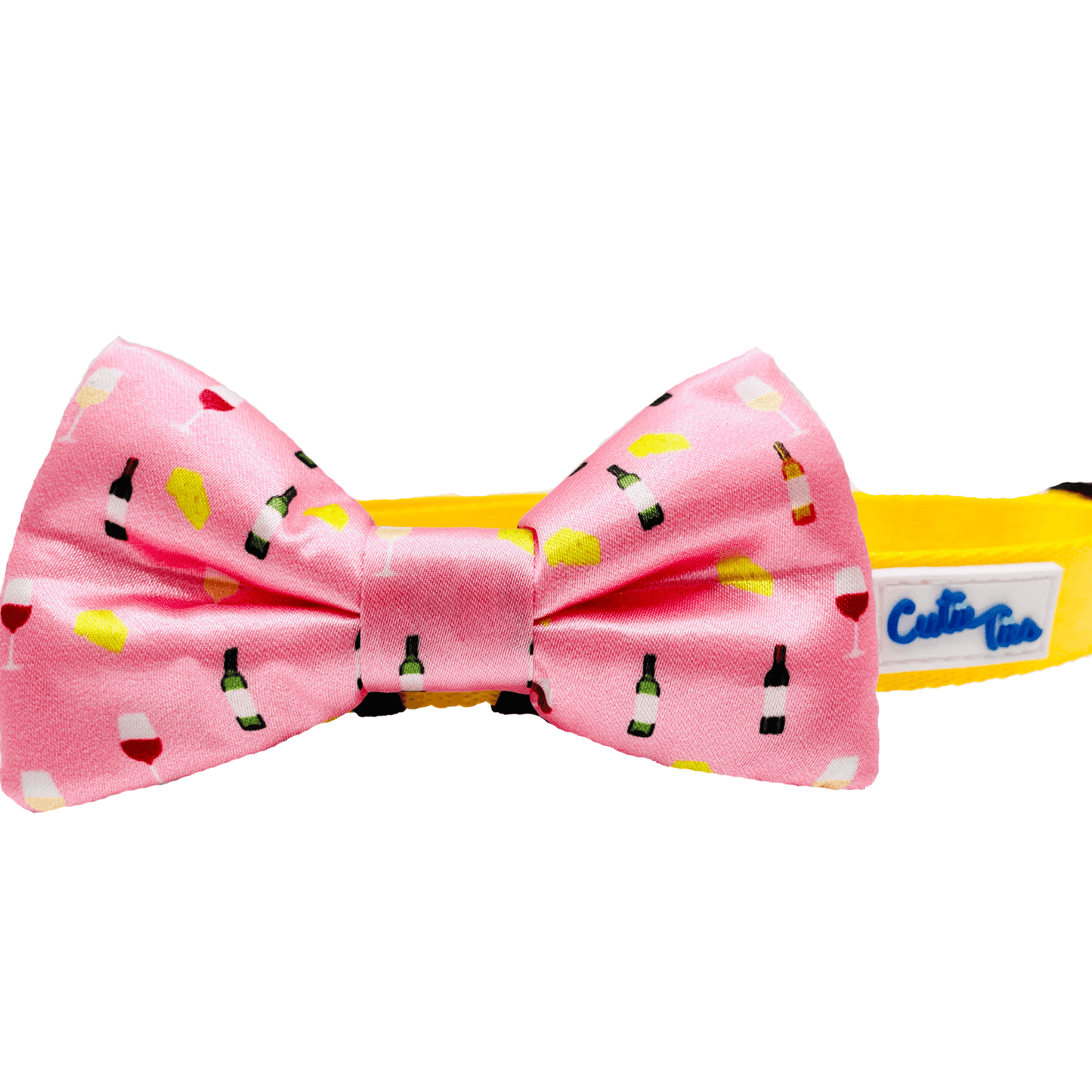 Elegant Wine and Cheese Pattern Dog Bow Tie on Pink Background