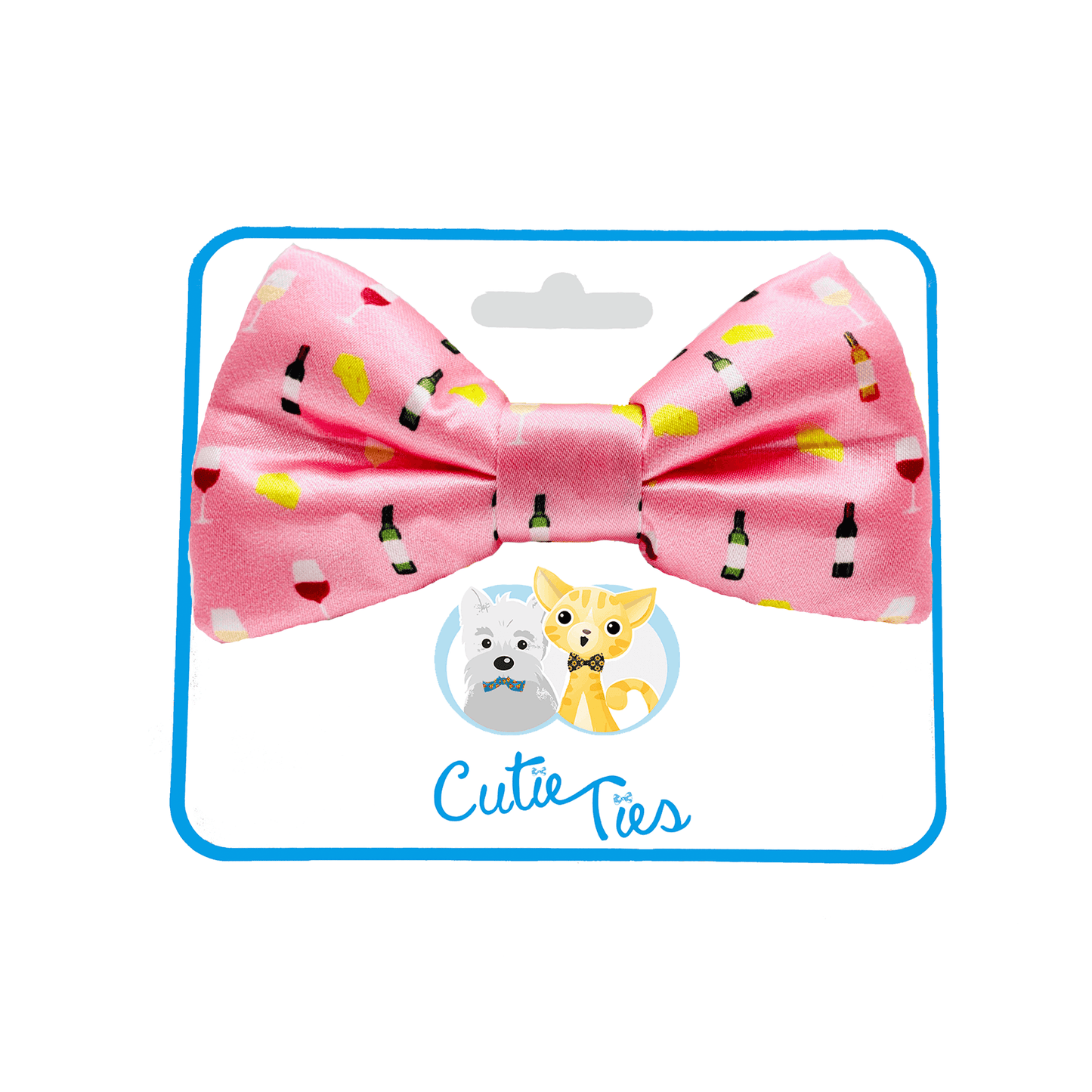 Elegant Wine and Cheese Pattern Dog Bow Tie on Pink Background