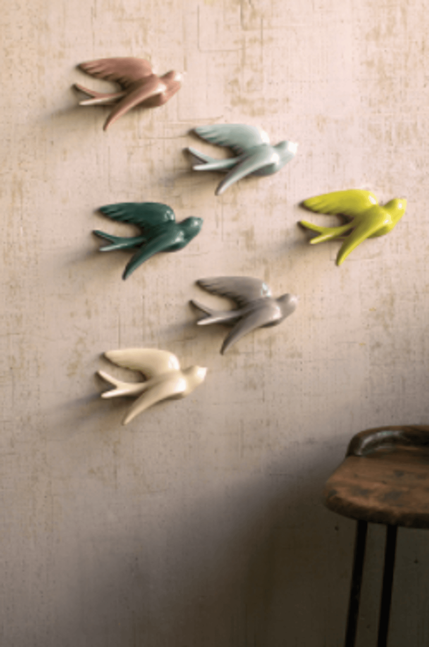 Vibrant Set Of Six Ceramic Swallow Wall Hangings