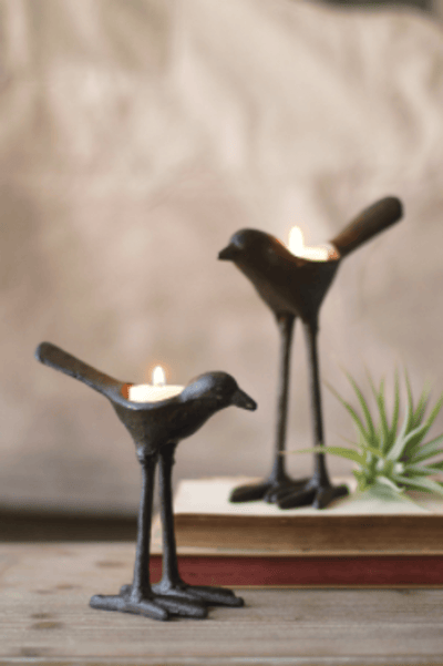 Rustic Cast Iron Bird Tea Light Holders - Set Of 2