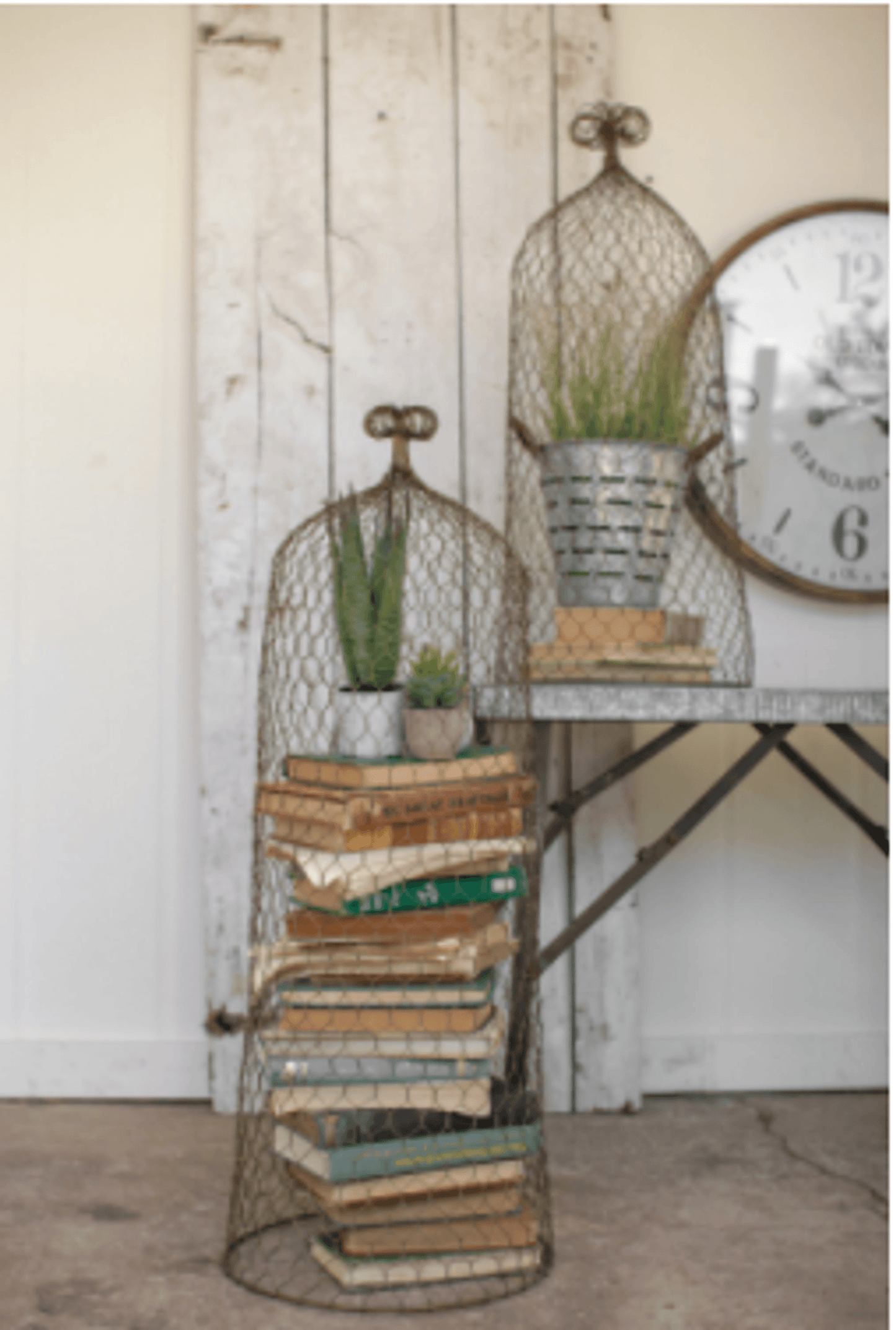 Elegant Set Of Two Old Gold Wire Cloche Topiaries