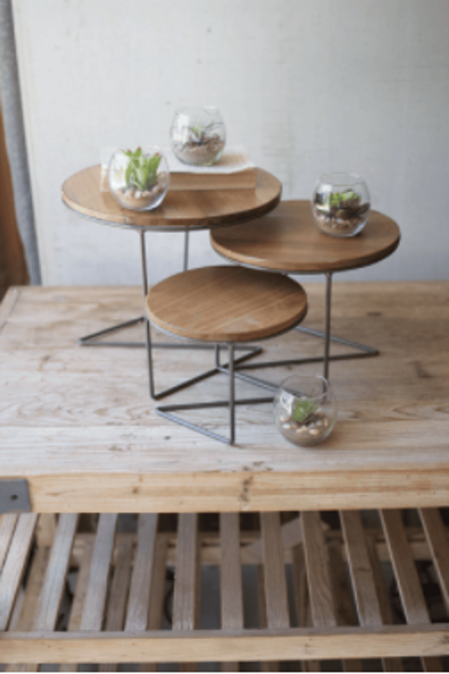 Elegant Trio Of Round Wire Display Risers With Wooden Tops