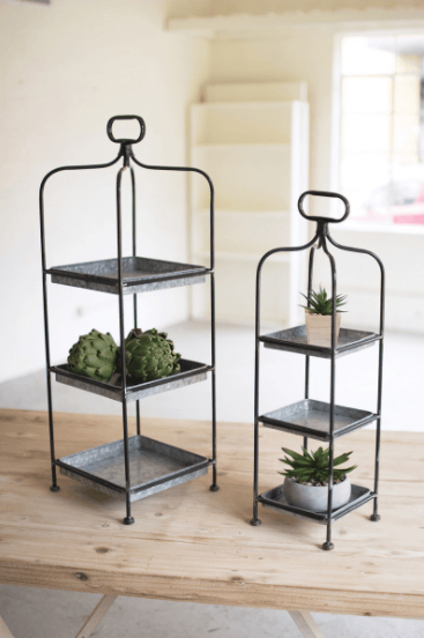 Elegant Set Of Two Tall Metal Display Stands With Galvanized Trays