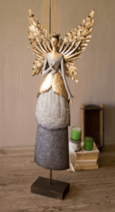 Elegant Painted Metal Angel Sculpture On Stand