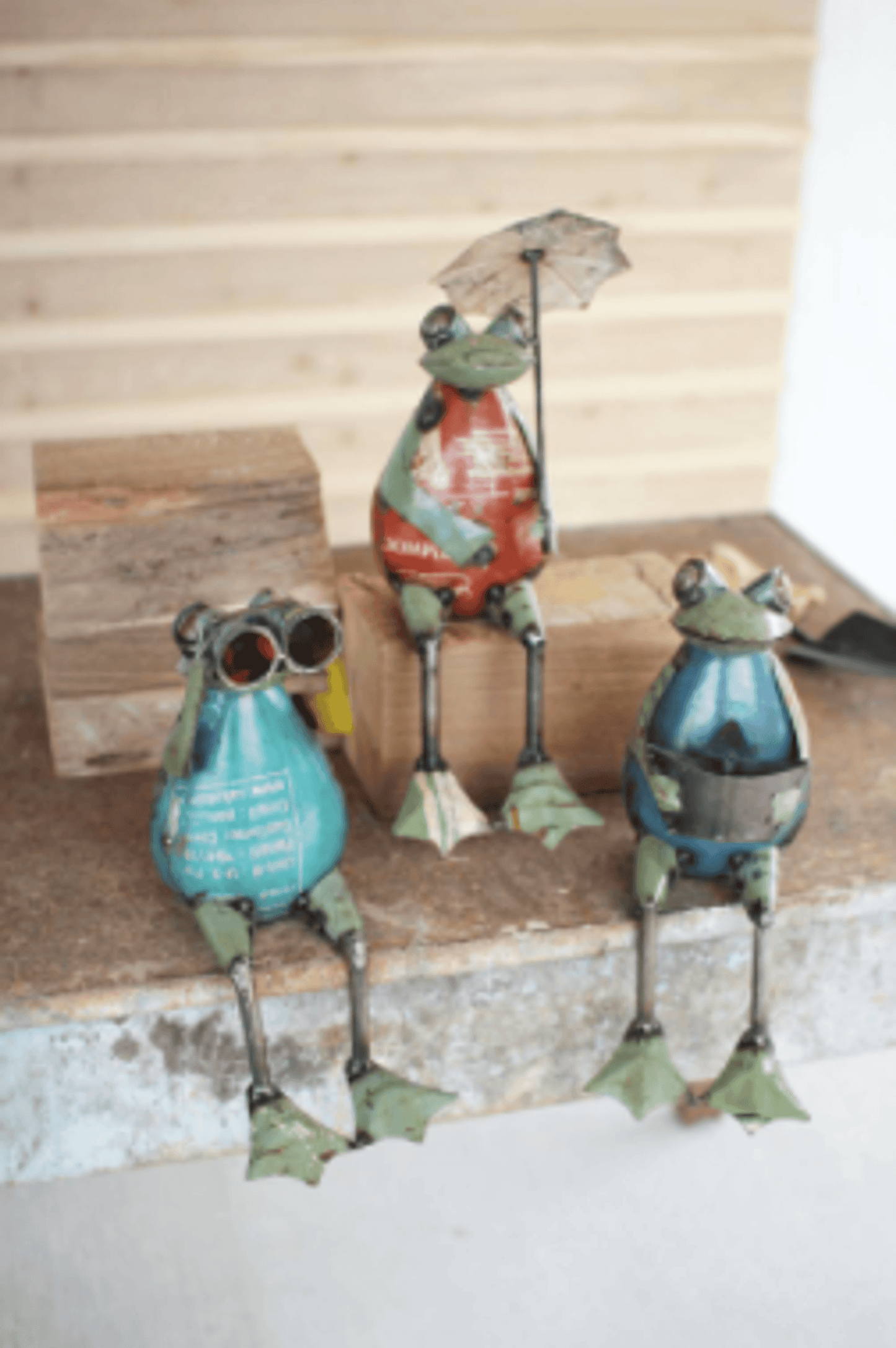 Set Of Three Recycled Iron Garden Frogs