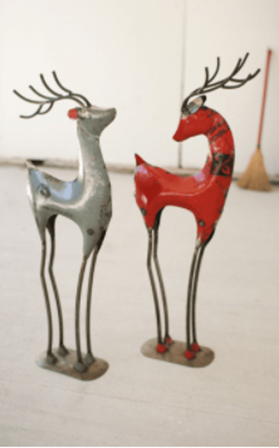 Recycled Iron Deer Décor Set In Red And Silver