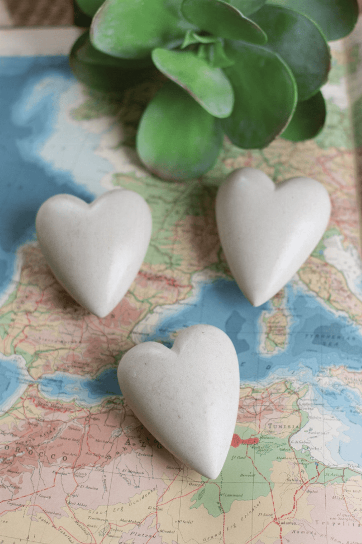 Elegant Set Of Six Hand-Carved Stone Hearts