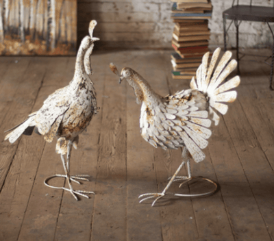 Antique White Metal Turkey Decor Set Of Two