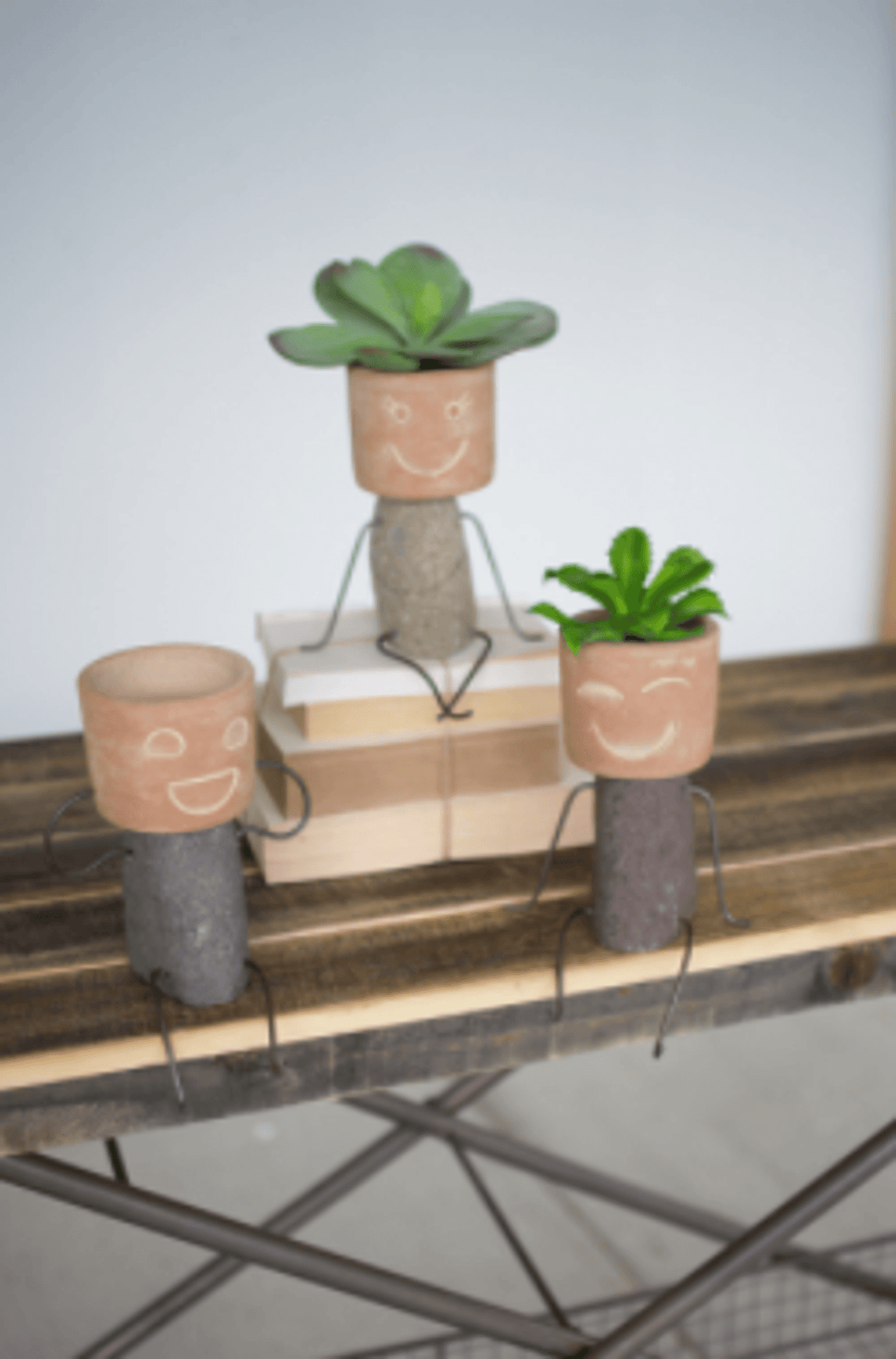 Charming Set Of Three Clay & River Rock Pot Head Shelf Sitters