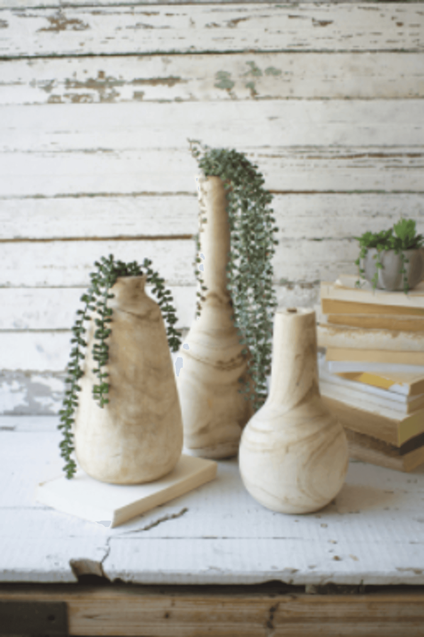 Elegant Hand-Carved Wooden Vase Set Of Three