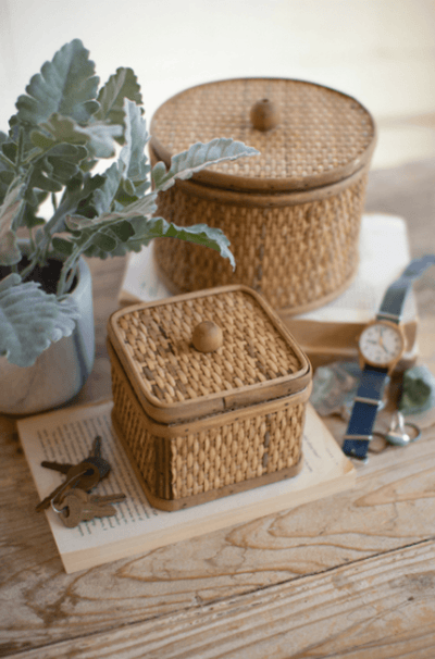 Elegant Set Of Two Woven Cane Storage Boxes