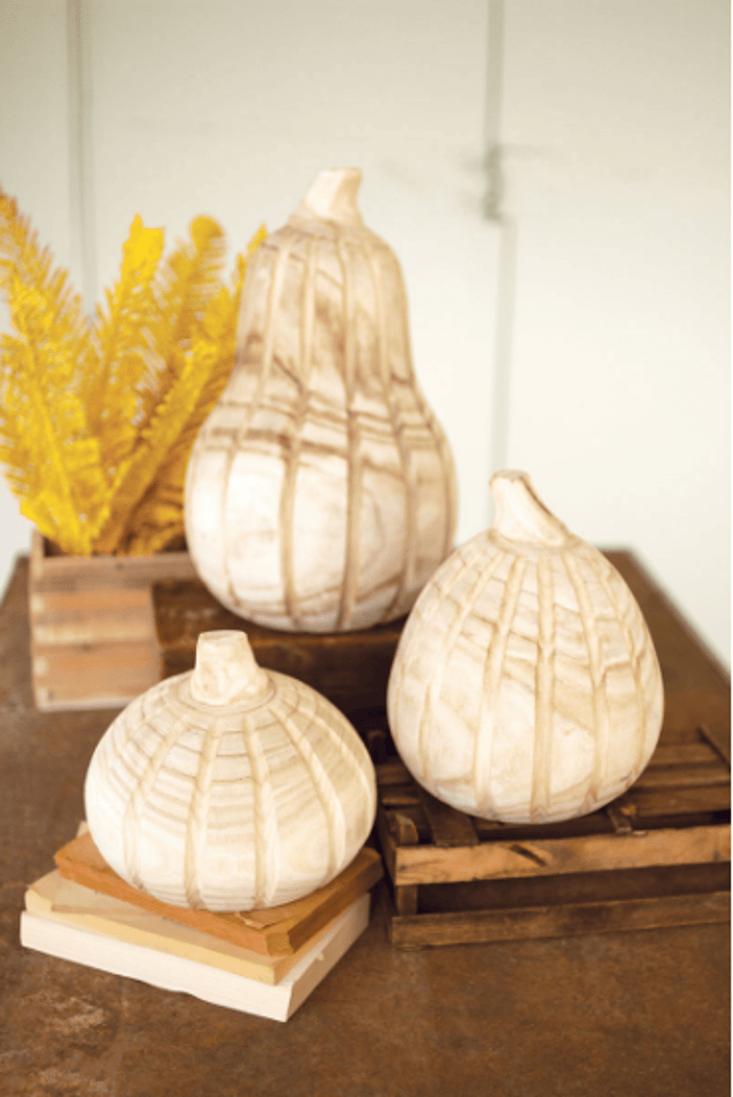 Elegant Set Of Three Natural Wood Pumpkins