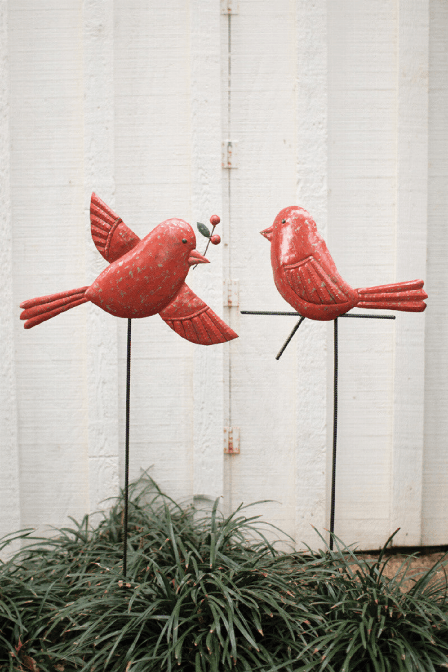 Hand-Hammered Red Bird Yard Stakes - Set Of Two