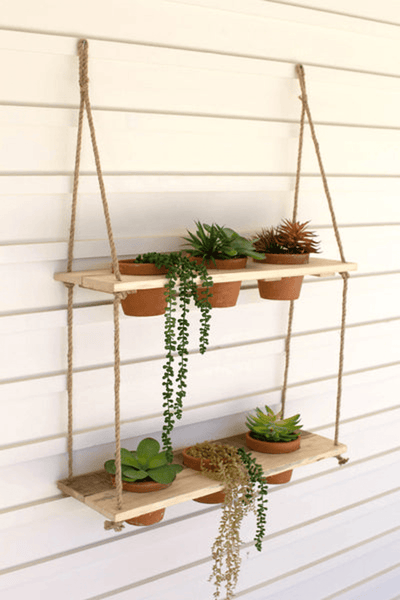 Two-Tiered Wooden Hanging Shelf With Clay Planters