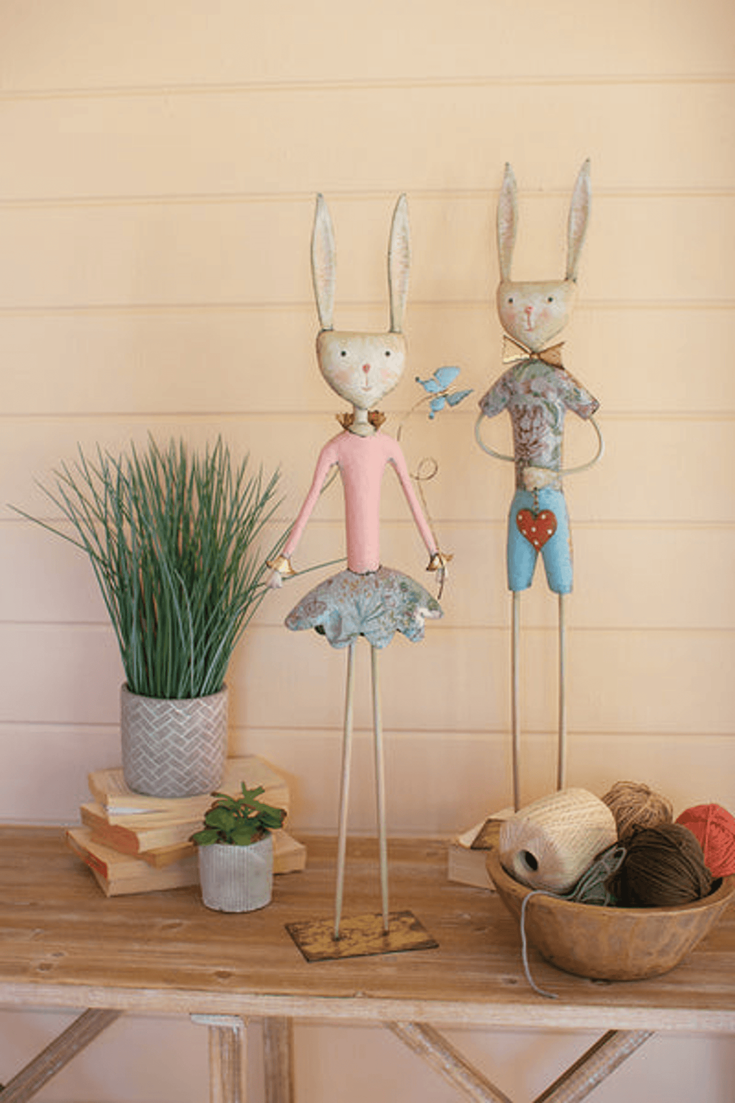 Whimsical Set Of Two Long-Legged Painted Metal Rabbits