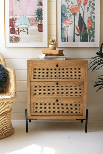 Elegant Wood Bedside Table With Three Woven Cane Drawers