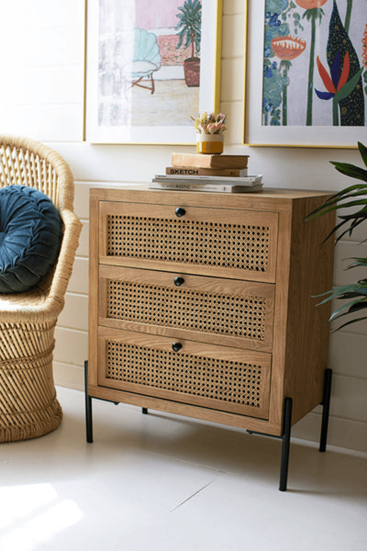 Elegant Wood Bedside Table With Three Woven Cane Drawers