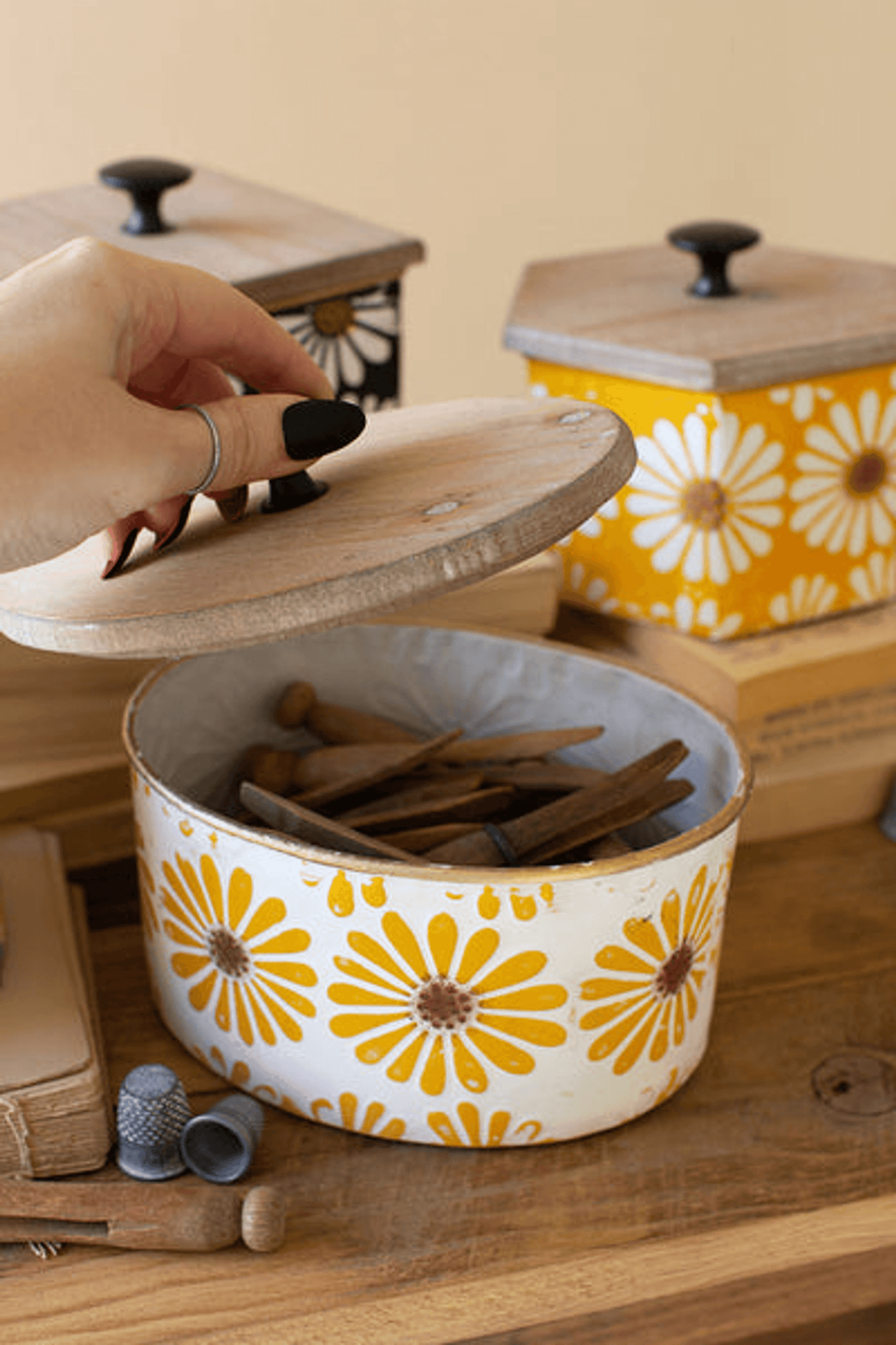 Floral Metal Canister Set With Wooden Lids - Set Of Four