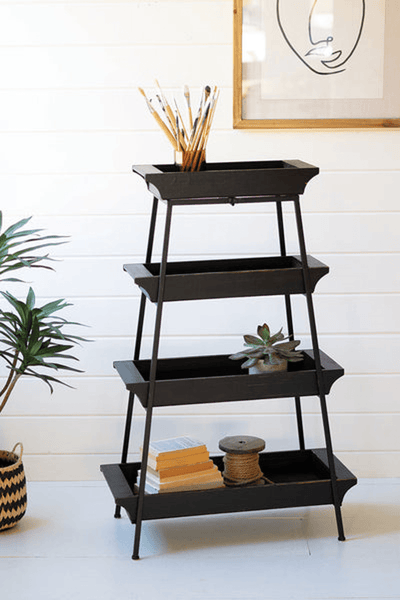 Elegant Four-Tiered Wood And Iron Display Tower