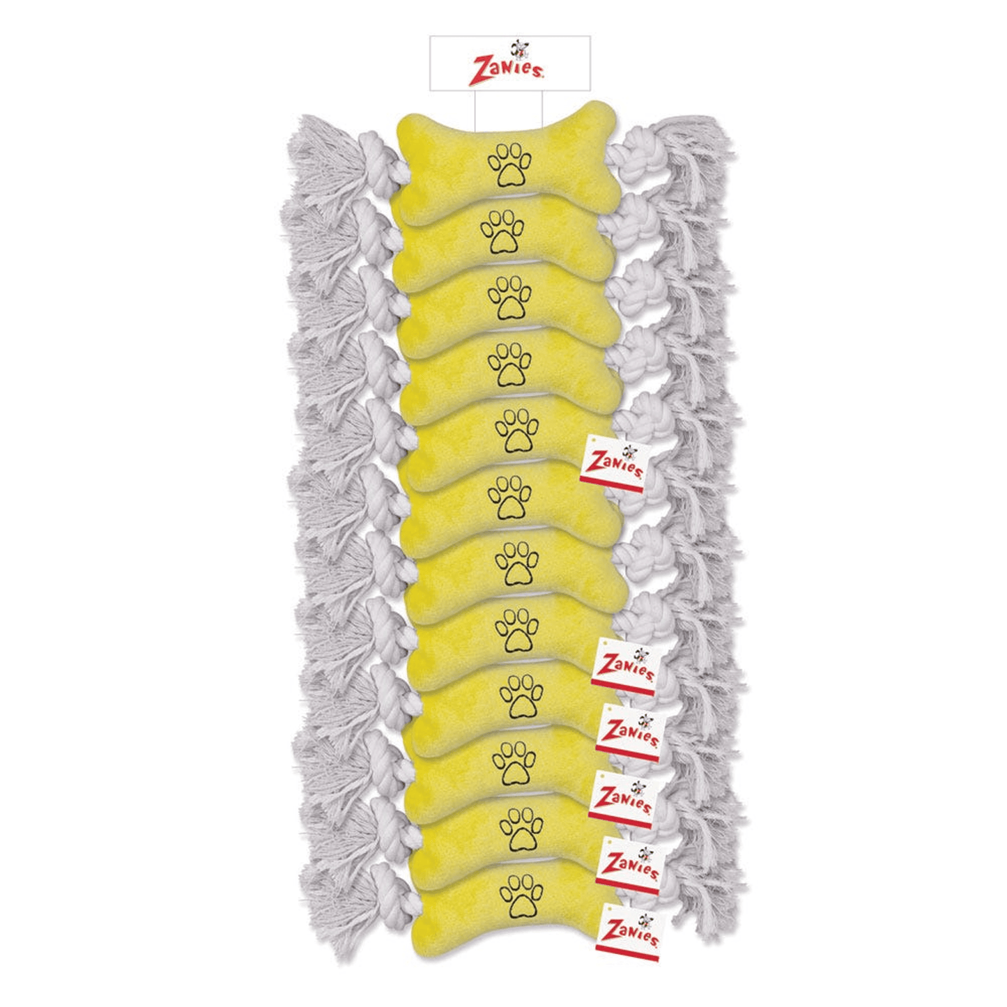 ZA Tiny Tugger Clip Strip - 12 Pack Squeaky Bone-and-Rope Toys in Yellow