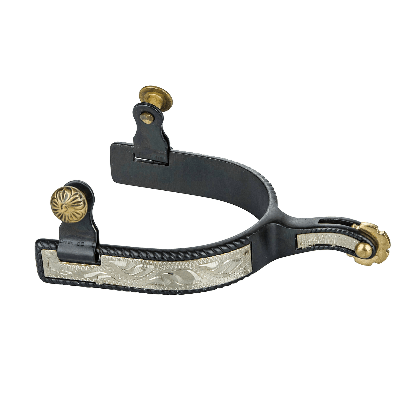 Tabelo Black Steel Roping Spurs with Engraved Silver Overlay