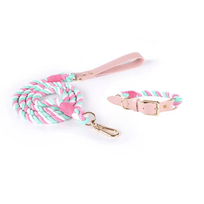 Luxe Royal Pink Leather Dog Rope Leash and Collar Set