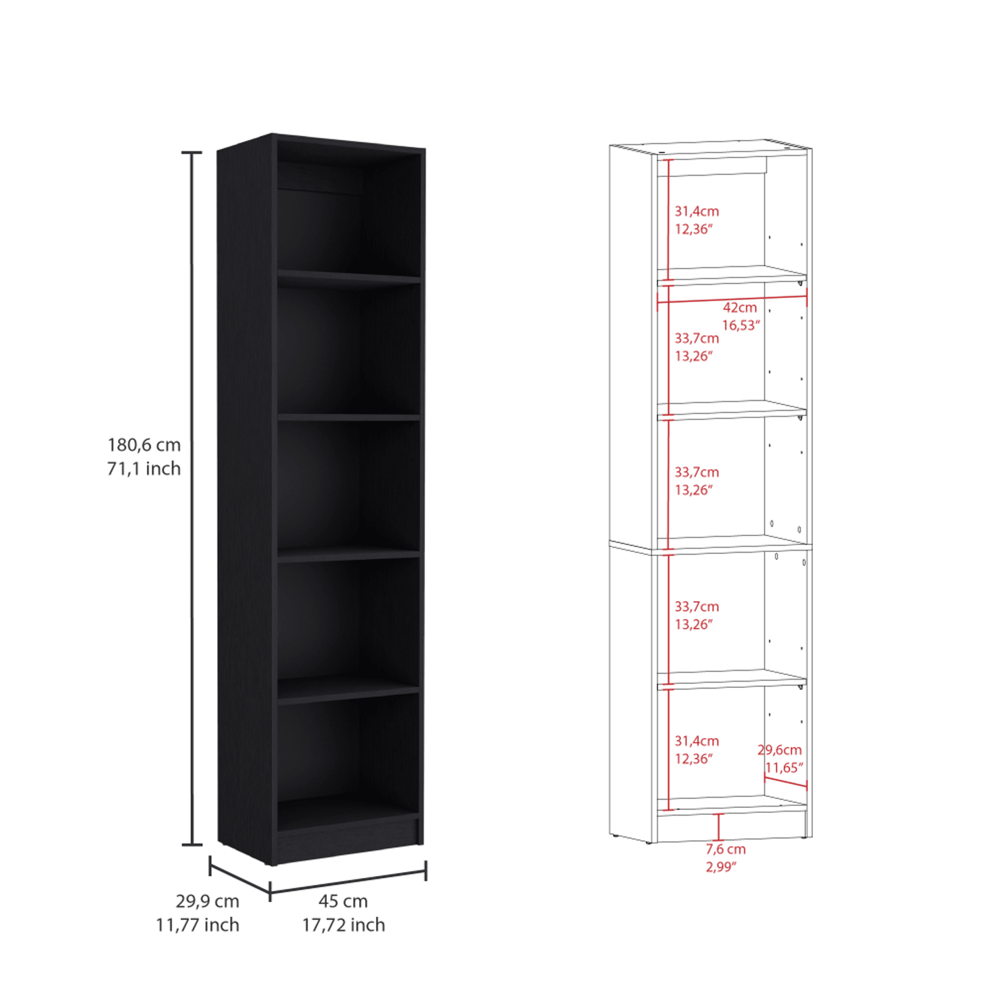 Home Xs Slim Bookcase With Five Shelves