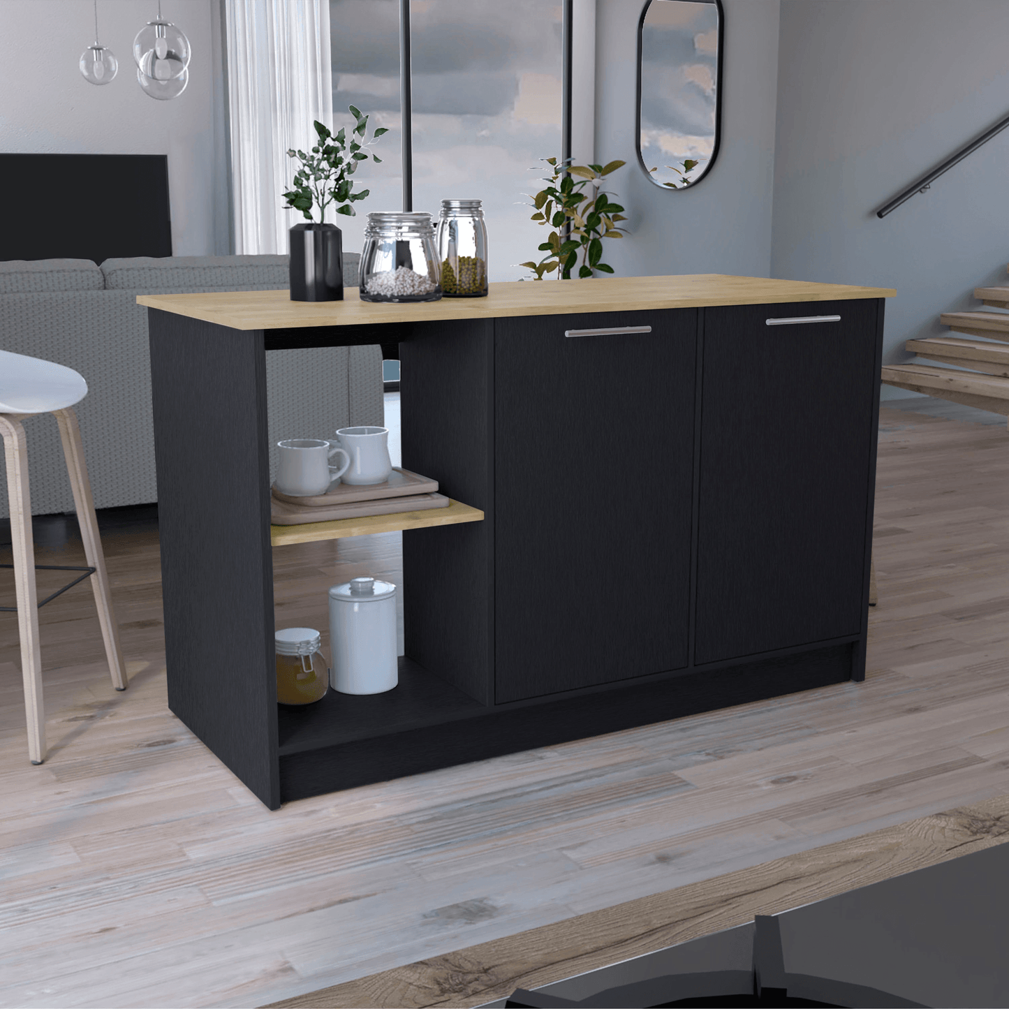 Juniper Modern Kitchen Island With Double-Door Cabinet And Open Shelves