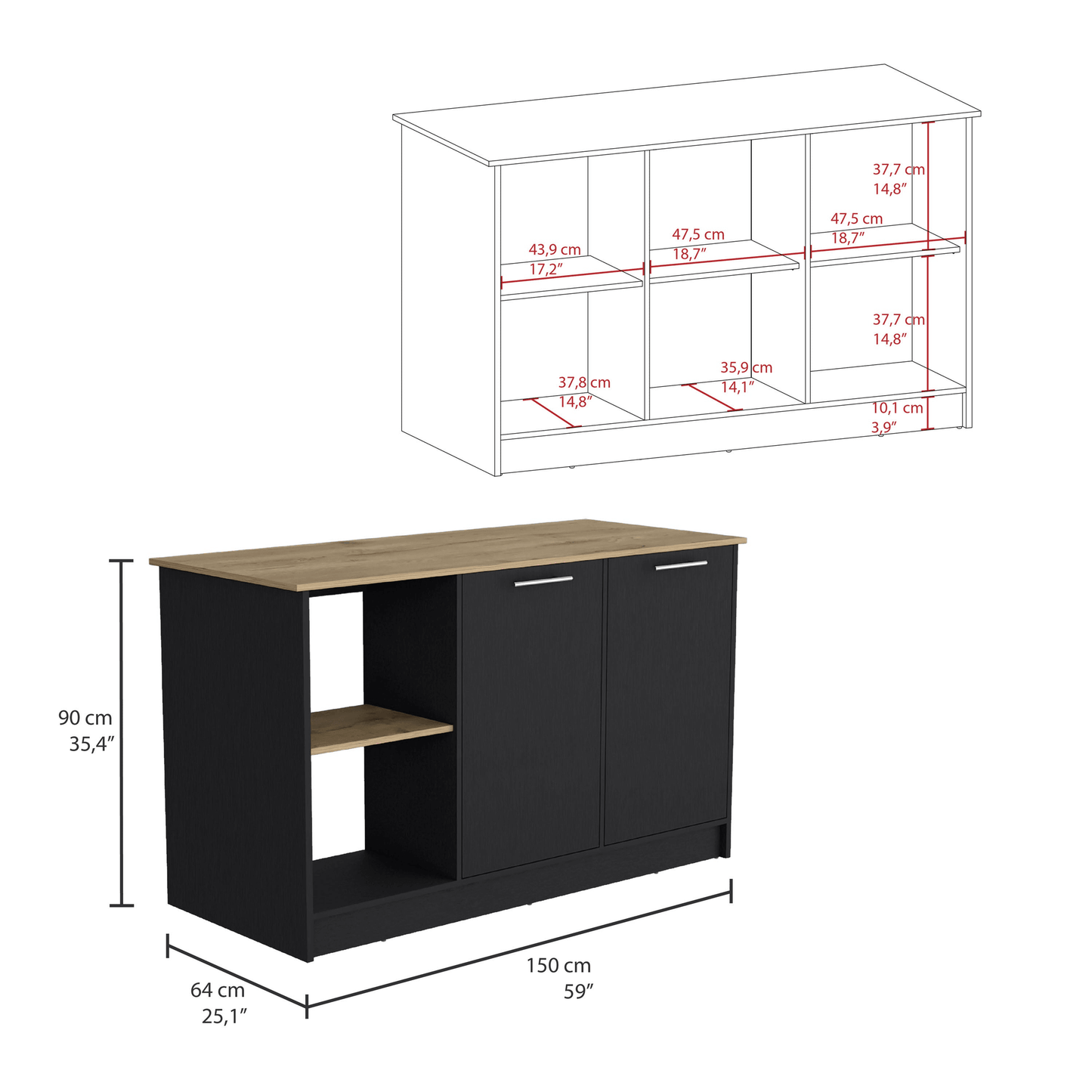 Juniper Modern Kitchen Island With Double-Door Cabinet And Open Shelves