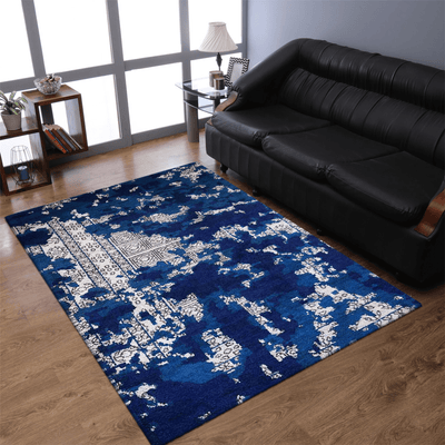 Rugsotic Hand Knotted Silk Area Rug In Blue And Beige - Abstract Design