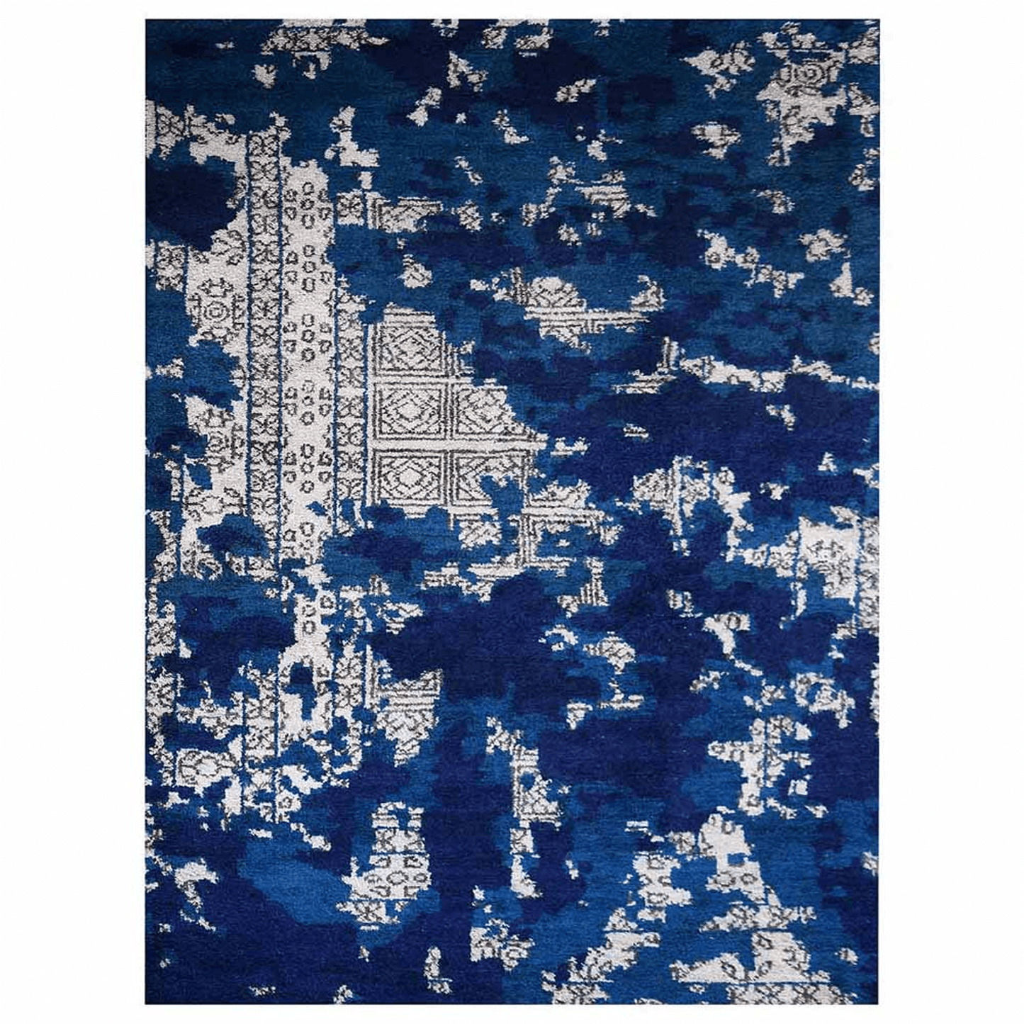 Rugsotic Hand Knotted Silk Area Rug In Blue And Beige - Abstract Design